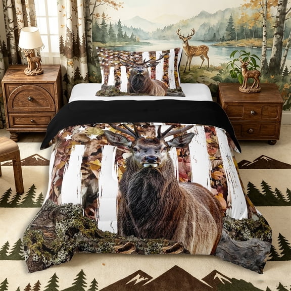 Castle Fairy Vintage Distressed Flag Deer Twin Comforter Sets 2pcs,Retro American Flag Bedding Set,Red White Ochre,Black Reversible,1 Comforter and 1 Pillowcase