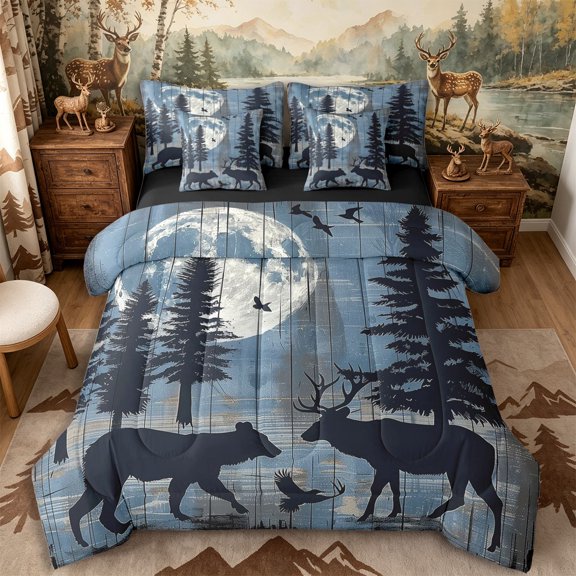 Castle Fairy Vintage Distressed Moon Bear Deer 7-Piece Twin Bedding,Pine Bird Wood Grain Bedding Comforter Set,Navy Off White,Black Reversible