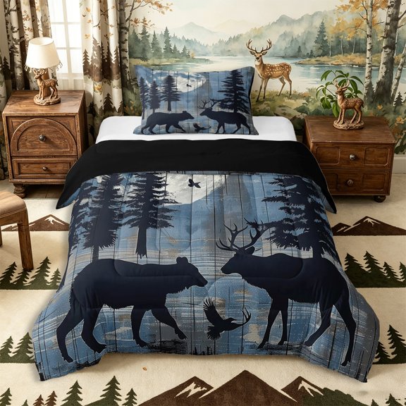 Castle Fairy Vintage Distressed Moon Bear Deer Twin Comforter Sets 2pcs,Pine Bird Wood Grain Bedding Set,Navy Off White,Black Reversible,1 Comforter and 1 Pillowcase
