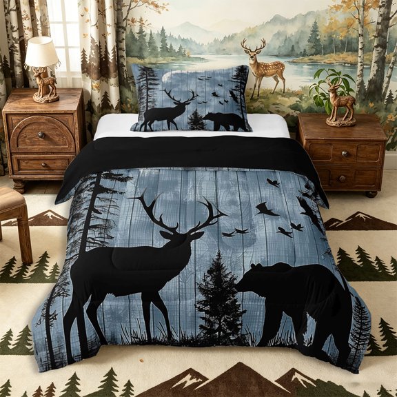 Castle Fairy Vintage Distressed Moon Elk Bear Twin Comforter Sets 2pcs,Pine Bird Wood Grain Bedding Set,Blue Off White,Black Reversible,1 Comforter and 1 Pillowcase