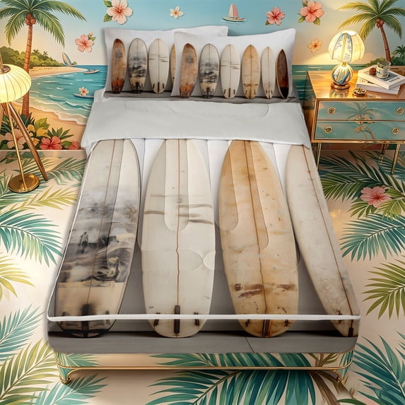 Castle Fairy Vintage Distressed Surfboard Zipper Full Size Comforter Sets with Fitted Sheet and 2 Pillowcases,Wooden Longboard Minimal Wall Print Zipper Bedding Set,Beige Brown,Grey Reversible,4pcs