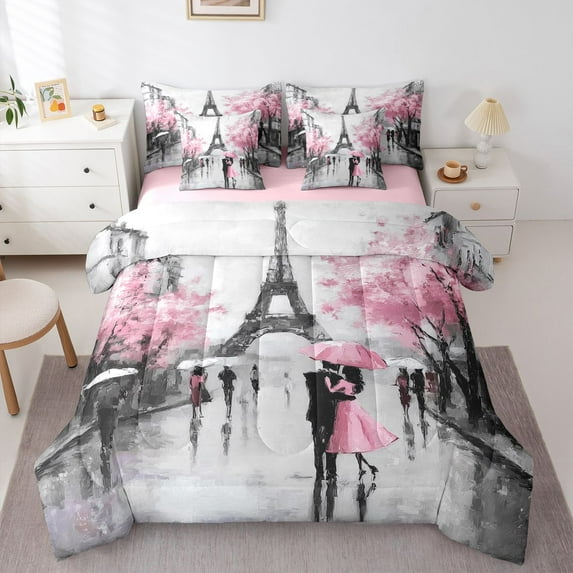 Castle Fairy Vintage Eiffel Tower Bedding Comforter Set,Romantic Couple Full Bedding Set