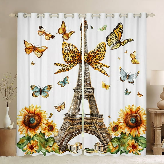 Castle Fairy Vintage Eiffel Tower Blackout Curtains Set of 2 (52x84 Each) for Female Men,Flying Butterflies Floral Sunflowers Window Curtains,Leopard Print Bow Curtains and Drapes Room Decor