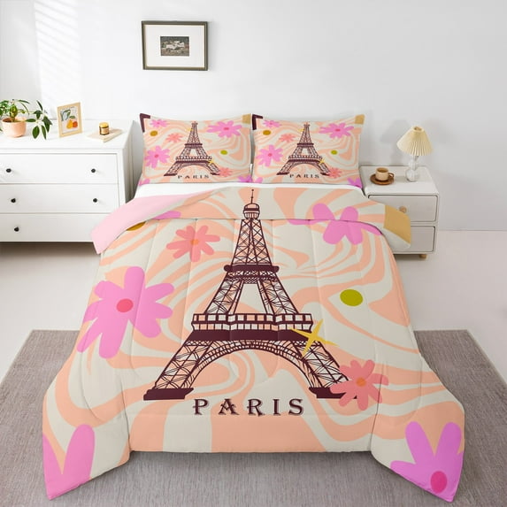 Castle Fairy Vintage Eiffel Tower Twin Comforter Sets,Groovy Flowers Bedding Set