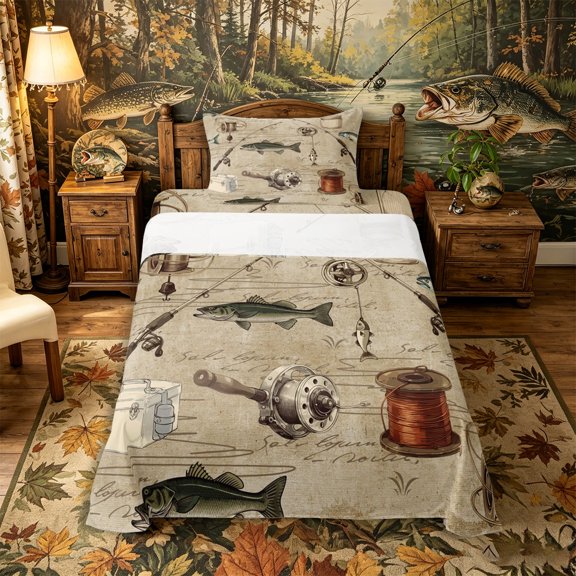 Castle Fairy Vintage Fishing Gear Tile Twin Sheets 3pcs,Rod Reel Bass Script Paper Seamless Print Bedding,Sepia Cream,1 Fitted Sheet,1 Flat Sheet and 1 Pillowcase