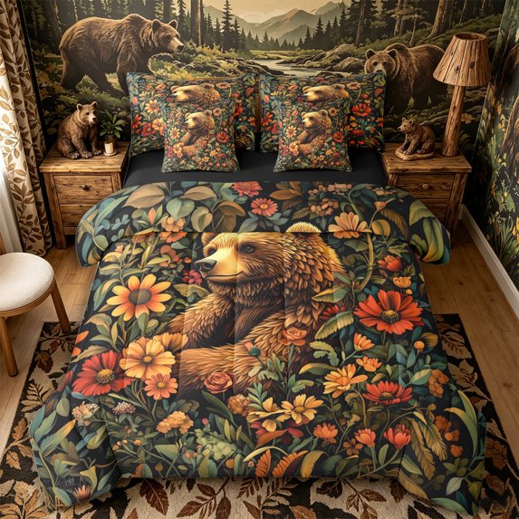 Castle Fairy Vintage Floral Bear Queen Bedding 7pcs,Daisy Leaf Dark Backdrop Bedding Comforter Set Queen,Orange Green Cream,Black Reversible