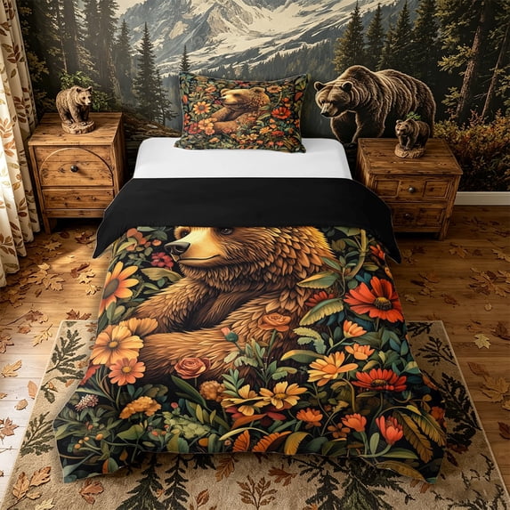 Castle Fairy Vintage Floral Bear Twin Duvet Cover,Daisy Leaf Dark Backdrop Twin Bedding,Orange Green Cream,Black Reversible,2pcs,No Comforter,1 Duvet Cover and 1 Pillowcase