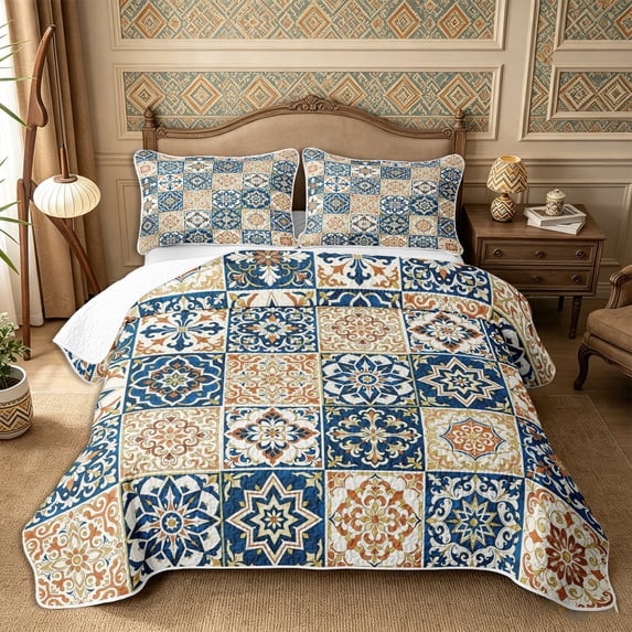 Castle Fairy Vintage Floral Bed Spread Queen 3pcs,Bohemian Mosaic Motif Queen Coverlet Set,Navy Terracotta Ivory,1 Quilt and 2 Pillowcases