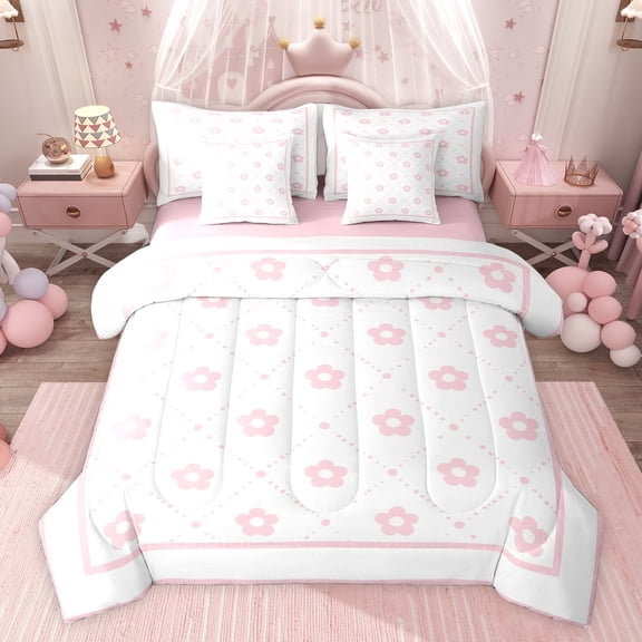 Castle Fairy Vintage Floral Daisy Twin Bedding Sets 7-Piece for Children Teens,Chic Flowers Bedding Comforter Set Microfiber,Geometric Plaid Grid Breathable Sheet Sets,Super Cozy Room Decor