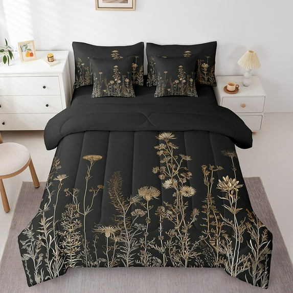 Castle Fairy Vintage Flowers Leaves Bedding Comforter Set,Black Brown Queen Bedding Sets