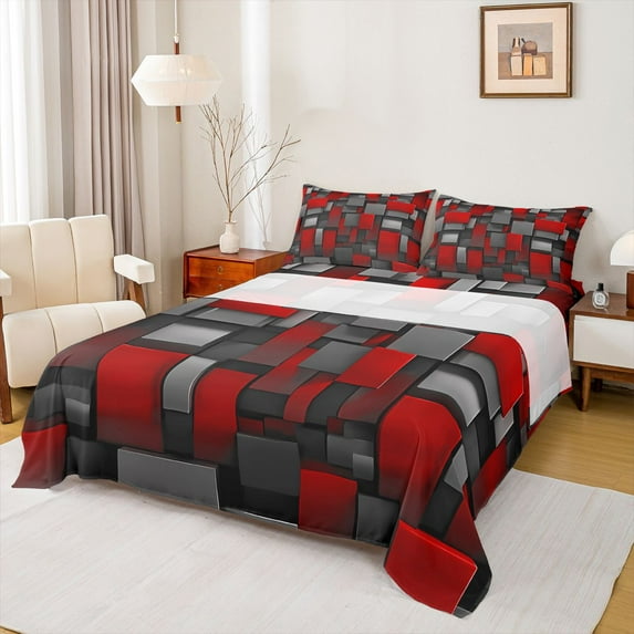 Castle Fairy Vintage Geometric Checkered Bed Sheets for Teens,Retro Plaid Grid King Sheets