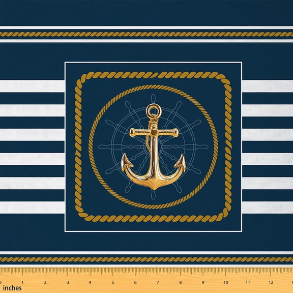 Castle Fairy Vintage Gold Anchor Fabric by the Yard 1 Yard, Nautical Themed Home Decor Fabric by the Yard, Navy White Striped Sewing Fabric