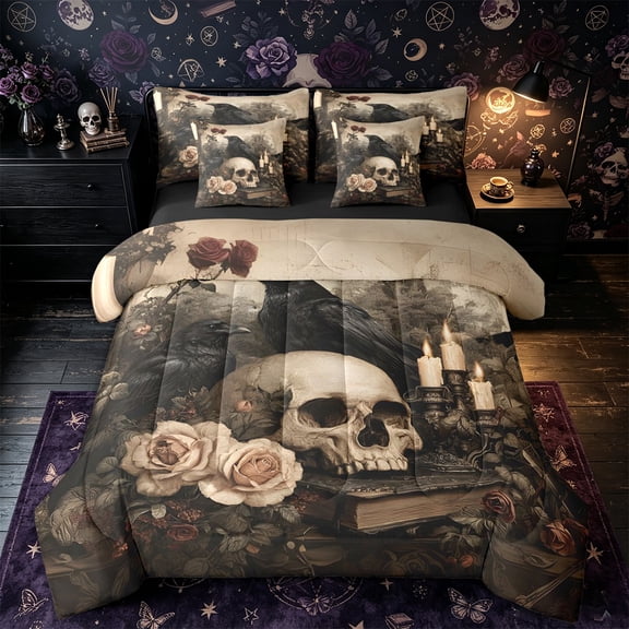 Castle Fairy Vintage Gothic Crow Skull Full Size Bedding Sets 7 Pieces,Floral Rose Full Size Bed in a Bag,Beige Brown Black,Black Reversible