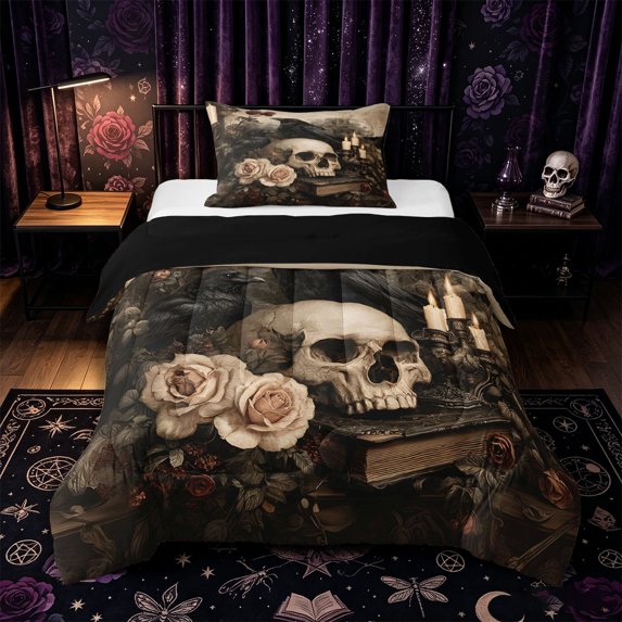 Castle Fairy Vintage Gothic Crow Skull Twin Comforter Sets 2pcs,Floral Rose Bedding Set,Beige Brown Black,1 Comforter and 1 Pillowcase,Black Reversible