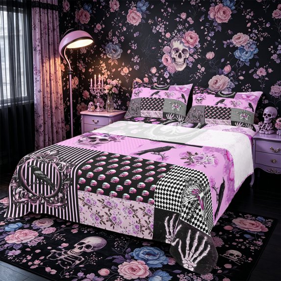 Castle Fairy Vintage Gothic Patchwork King Sheets 4pcs,Floral Skull Raven Heart Skeleton Bedding,Purple Black,1 Fitted Sheet,1 Flat Sheet and 2 Pillowcases