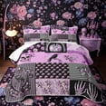 thumbnail image 1 of Castle Fairy Vintage Gothic Patchwork Quilt King,Floral Skull Raven Heart Skeleton King Coverlet Set,Purple Black, 1 of 7