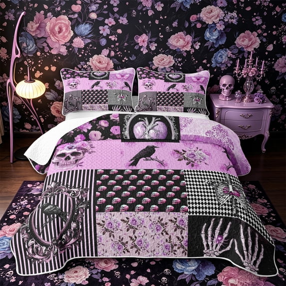 Castle Fairy Vintage Gothic Patchwork Quilt King,Floral Skull Raven Heart Skeleton King Coverlet Set,Purple Black