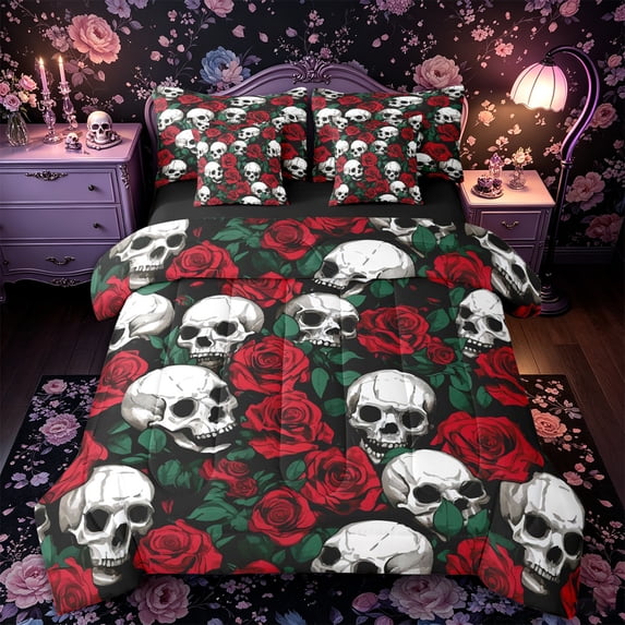 Castle Fairy Vintage Gothic Skull 7-Piece Twin Bedding,Deep Red Rose Bone Bedding Comforter Set,Ivory Red Black,Black Reversible