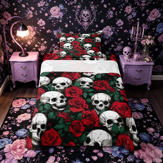 Castle Fairy Vintage Gothic Skull Twin Sheets 3pcs,Deep Red Rose Bone Bedding,Ivory Red Black,1 Fitted Sheet,1 Flat Sheet and 1 Pillowcase