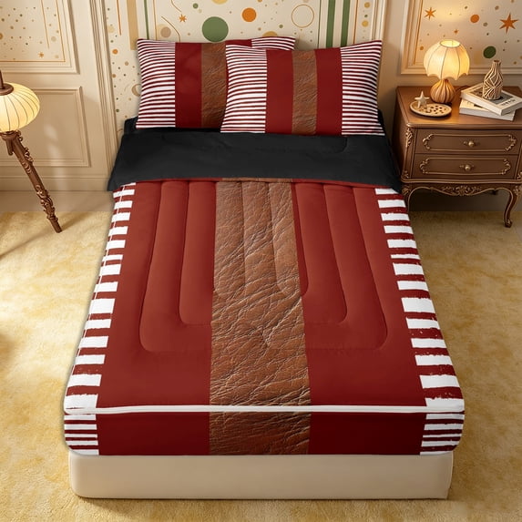 Castle Fairy Vintage Hand-Drawn Stripe Zipper Twin Comforter Sets with Fitted Sheet and 2 Pillowcases,Retro Leather Textured Panel Zipper Bedding Set,Rust Tan White,Reversible