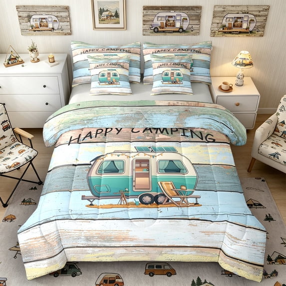 Castle Fairy Vintage Happy Camping Camper Bedding Comforter Set 7 Pieces for Kids, Rustic RV Art Full Bedding Set for Bedroom, Blue Beige,Grey Reversible