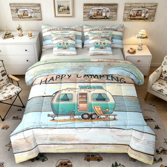 Castle Fairy Vintage Happy Camping Camper Bedding Comforter Set 7 Pieces for Kids, Rustic RV Art Full Bedding Set for Bedroom, Blue Beige,Grey Reversible