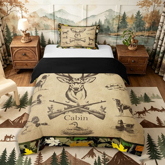 Castle Fairy Vintage Hunting Cabin Deer Twin Duvet Cover for Teens,Rustic Hunting Dog Duck Twin Bedding,Khaki Camo Green,Black Reversible,2pcs,No Comforter,1 Duvet Cover and 1 Pillowcase