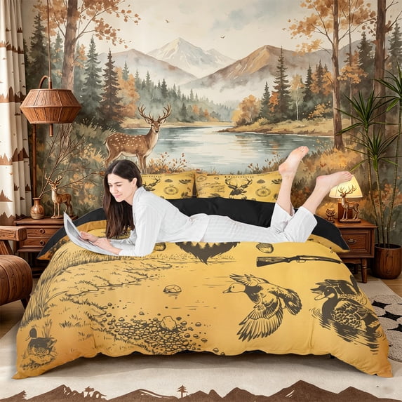 Castle Fairy Vintage Hunting Deer Duck Duvet Cover King for Teens,Retro Compass King Bedding,Tan Black,Black Reversible,3 Pieces,No Comforter,1 Duvet Cover and 2 Pillowcases