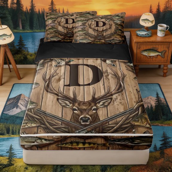 Castle Fairy Vintage Hunting Monogram D Zipper Twin Comforter Sets with Fitted Sheet and 2 Pillowcases,Wild Game Fish Duck Art Zipper Bedding Set,Timber Beige,Black Reversible,4-Piece