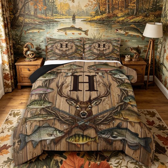 Castle Fairy Vintage Hunting Monogram H Queen Comforter Set 3 Pieces,Mallard Trout Antler Wreath Comforter Sets Queen,Rust Wood,Black Reversible,1 Comforter and 2 Pillowcases