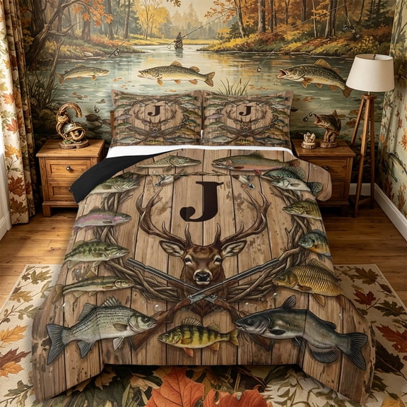 Castle Fairy Vintage Hunting Monogram J Queen Comforter Set 3 Pieces,Pike Bass Deer Wooden Graphic Comforter Sets Queen,Walnut Brown,Black Reversible,1 Comforter and 2 Pillowcases