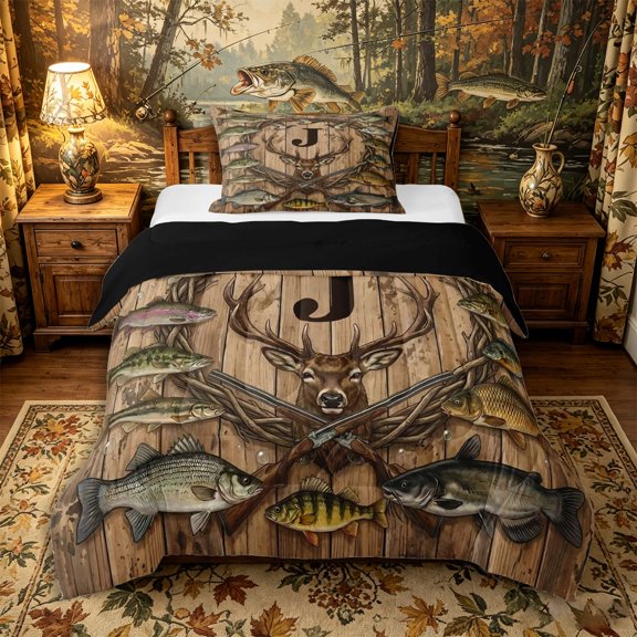 Castle Fairy Vintage Hunting Monogram J Twin Comforter Sets 2pcs,Pike Bass Deer Wooden Graphic Bedding Set,Walnut Brown,Black Reversible,1 Comforter and 1 Pillowcase