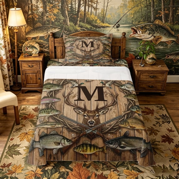 Castle Fairy Vintage Hunting Monogram M Twin Sheets 3pcs,Freshwater Duck Antler Layout Bedding,Timber Tan,1 Fitted Sheet,1 Flat Sheet and 1 Pillowcase