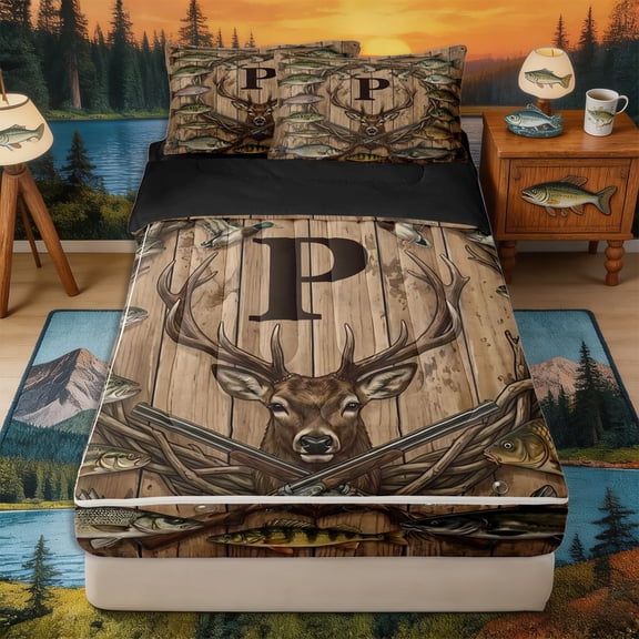 Castle Fairy Vintage Hunting Monogram P Zipper Twin Comforter Sets with Fitted Sheet and 2 Pillowcases,Rifle Trout Deer Wooden Graphic Zipper Bedding Set,Walnut Brown,Black Reversible,4-Piece