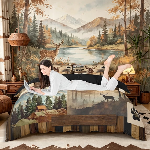 Castle Fairy Vintage Jungle Animal Duvet Cover King,Brown Bear Deer Pine Mountain King Bedding,Sepia Tan Cream,Black Reversible,3 Pieces,No Comforter,1 Duvet Cover and 2 Pillowcases