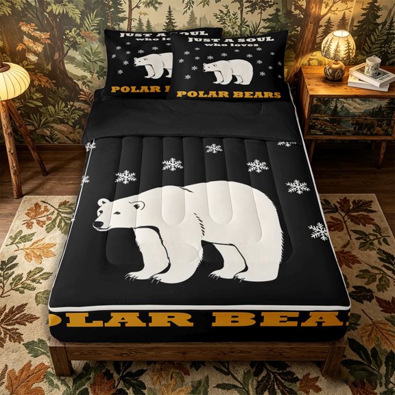 Castle Fairy Vintage Letter Polar Bear Zipper Twin Comforter Sets with Fitted Sheet and 2 Pillowcases,Falling Snow Text Print Zipper Bedding Set,Black Cream Mustard,Black Reversible,4-Piece
