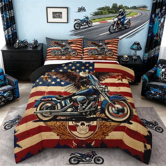 Castle Fairy Vintage Motorcycle Full Size Comforter Sets 3 Pieces for Teens, American Flag Eagle Bedding Sets for Patriotic Bedroom, Blue Red,Black Reversible