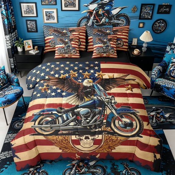 Castle Fairy Vintage Motorcycle Twin Bedding Sets 7-Piece for Teens, American Flag Eagle Bedding Comforter Set for Patriotic Bedroom, Blue Red,Black Reversible