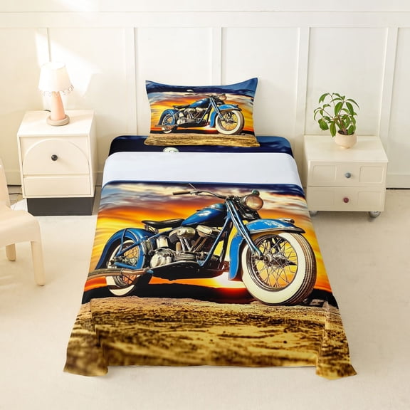 Castle Fairy Vintage Motorcycle Twin Sheet Sets 3pcs for Teens, Sunset Art Bedding for Bedroom, Blue Orange