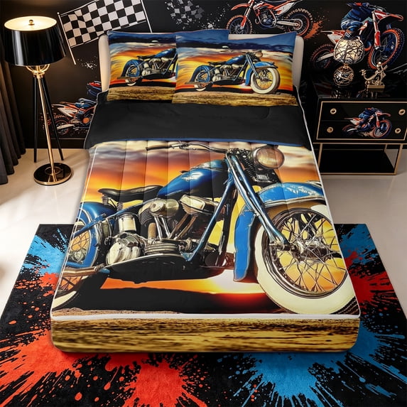Castle Fairy Vintage Motorcycle Zipper Full Size Comforter Sets with Fitted Sheet and 2 Pillowcases,Sunset Art Zipper Bedding Set for Bedroom,Blue Orange,4pcs,Black Reversible