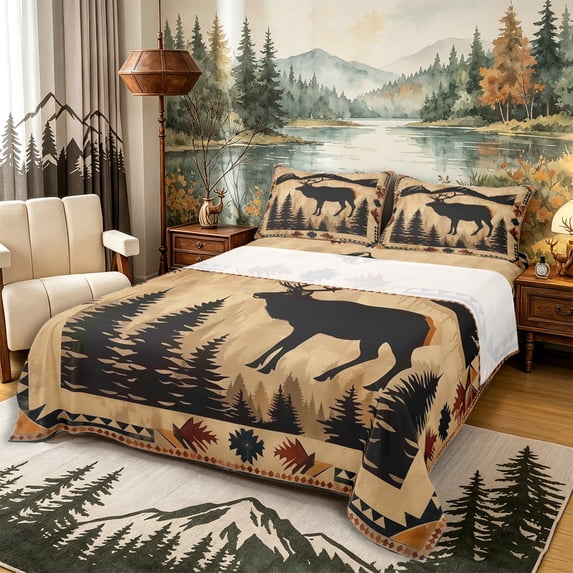 Castle Fairy Vintage Mountain Elk King Sheets 4pcs,Rustic Vintage Cabin Bedding,Black Beige Rust,1 Fitted Sheet, 1 Flat Sheet and 2 Pillowcases