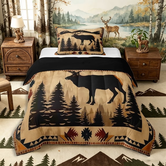 Castle Fairy Vintage Mountain Elk Twin Comforter Sets 2pcs,Rustic Vintage Cabin Bedding Set,Black Beige Rust,Black Reversible,1 Comforter and 1 Pillowcase