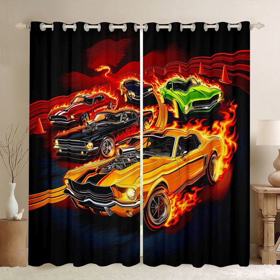 Castle Fairy Vintage Muscle Car Curtains Pack of 2 (42x84 Each) for Kids, Flame Track Art Curtains Blackout for Bedroom, Orange Black