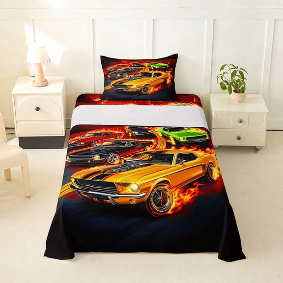 Castle Fairy Vintage Muscle Car Twin Sheet Sets 3pcs for Kids, Flame Track Art Bedding for Bedroom, Orange Black