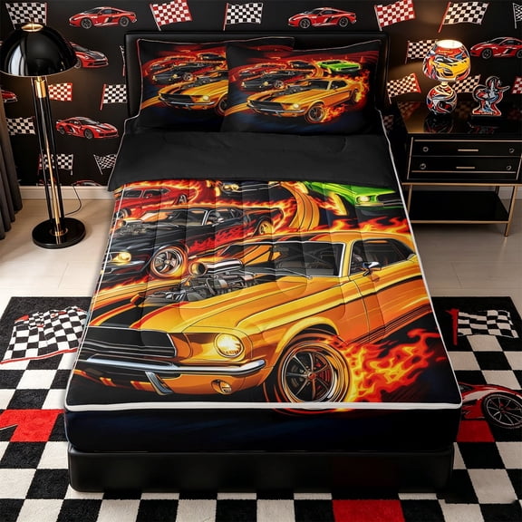 Castle Fairy Vintage Muscle Car Zipper Twin Comforter Sets with Fitted Sheet and 2 Pillowcases,Flame Track Art Zipper Bedding Set for Bedroom,Orange Black,4-Piece,Black Reversible