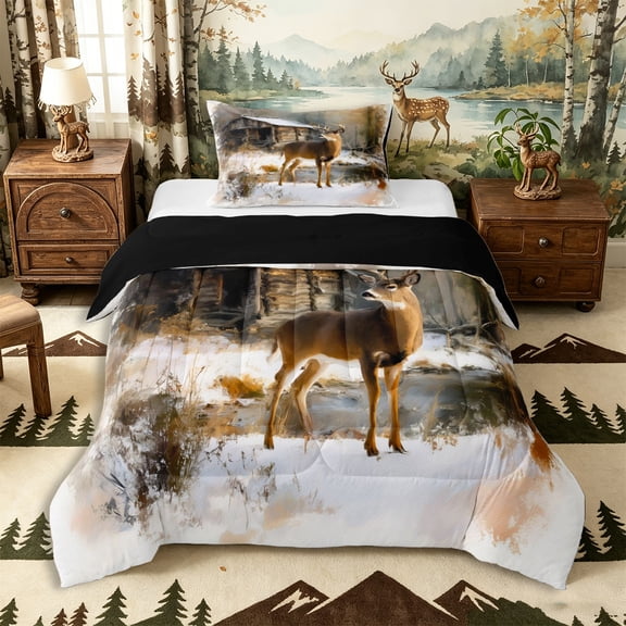 Castle Fairy Vintage Oil Paint Deer Twin Comforter Sets 2pcs,Snow Cabin Pine Bedding Set,Brown White Tan,Black Reversible,1 Comforter and 1 Pillowcase