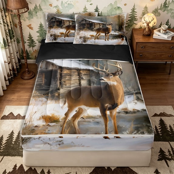 Castle Fairy Vintage Oil Paint Deer Zipper Full Size Comforter Sets with Fitted Sheet and 2 Pillowcases,Snow Cabin Pine Zipper Bedding Set,Brown White Tan,Black Reversible,4pcs