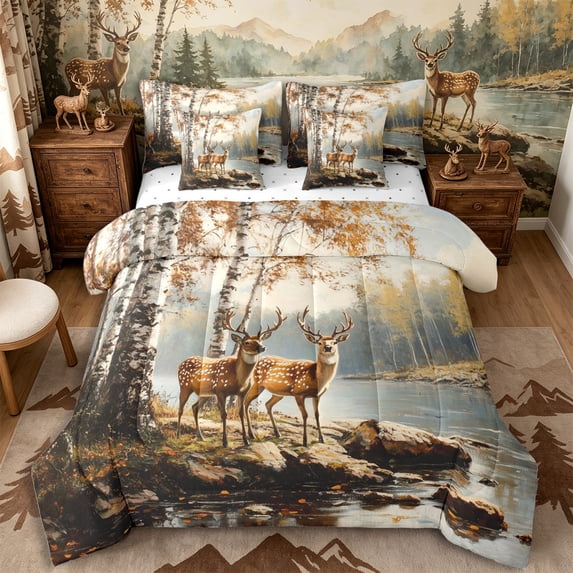Castle Fairy Vintage Oil Paint Spotted Deer Full Size Bedding Sets 7 Pieces,Birch Autumn River Full Size Bed in a Bag,Ochre Brown Gray,Reversible