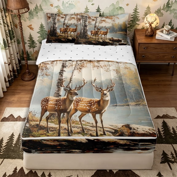 Castle Fairy Vintage Oil Paint Spotted Deer Zipper Queen Comforter Set with Fitted Sheet and 2 Pillowcases,Birch Autumn River Zipper Bedding Set,Ochre Brown Gray,Reversible,4 Pieces