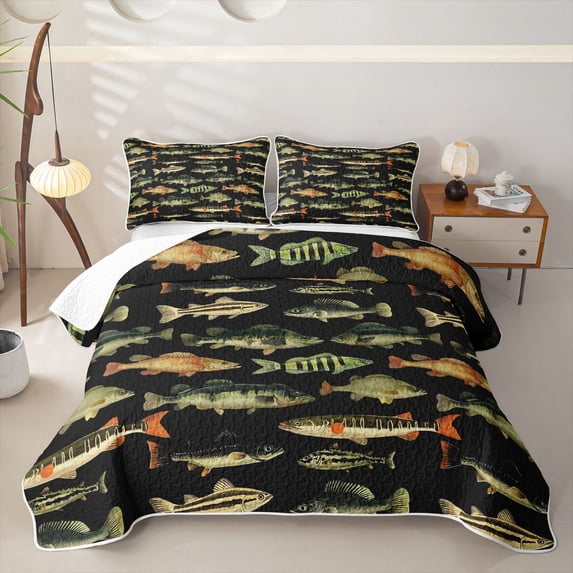 Castle Fairy Vintage Panfish Tile Quilt Full,Largemouth Perch Striped Fish Black Seamless Pattern Full Bedspread Sets,Moss Black